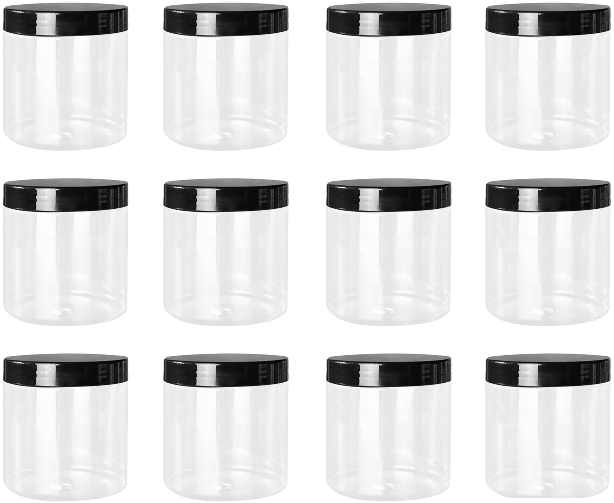 Lawei 12 Pack Plastic Jars 16oz Clear Storage Black Lids