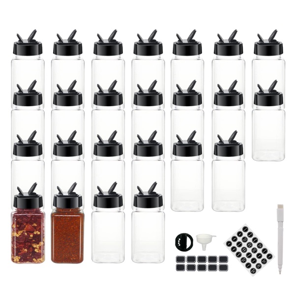24 Pack 4oz Clear Plastic Square Spice Jars with Black Plastic Lids
