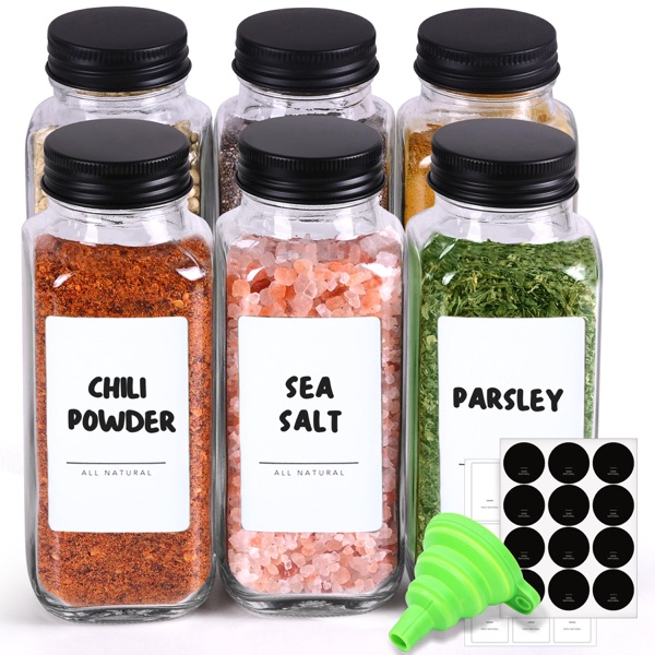 ComSaf Large Spice Jars 6Pcs 8oz Glass Square Bottles